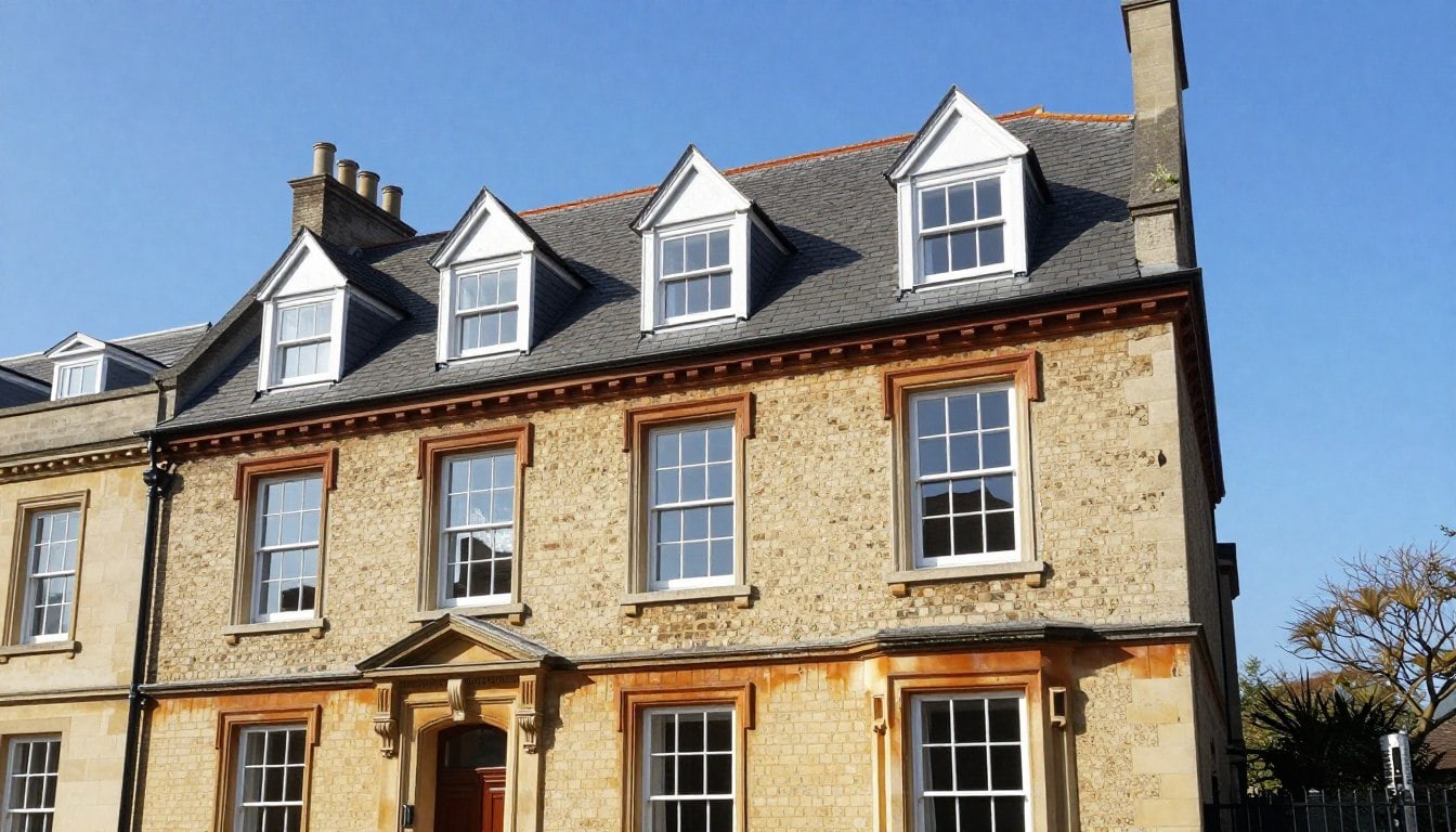 Illustrative image of an Oxford period roofscape with terraces and chimneys