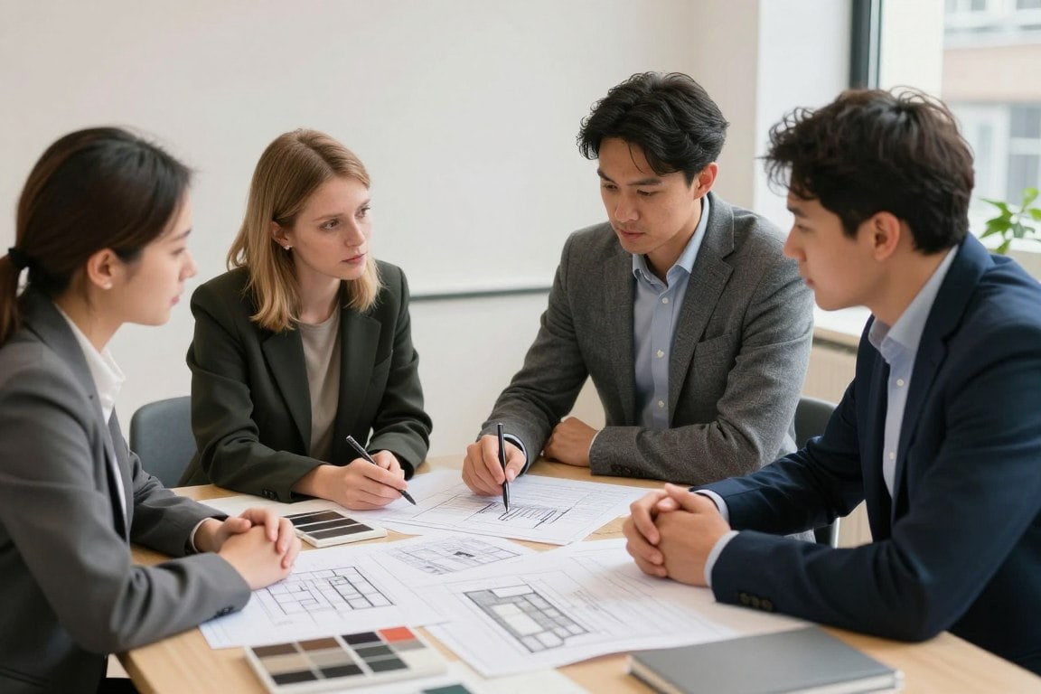 Illustrative image of people reviewing building plans