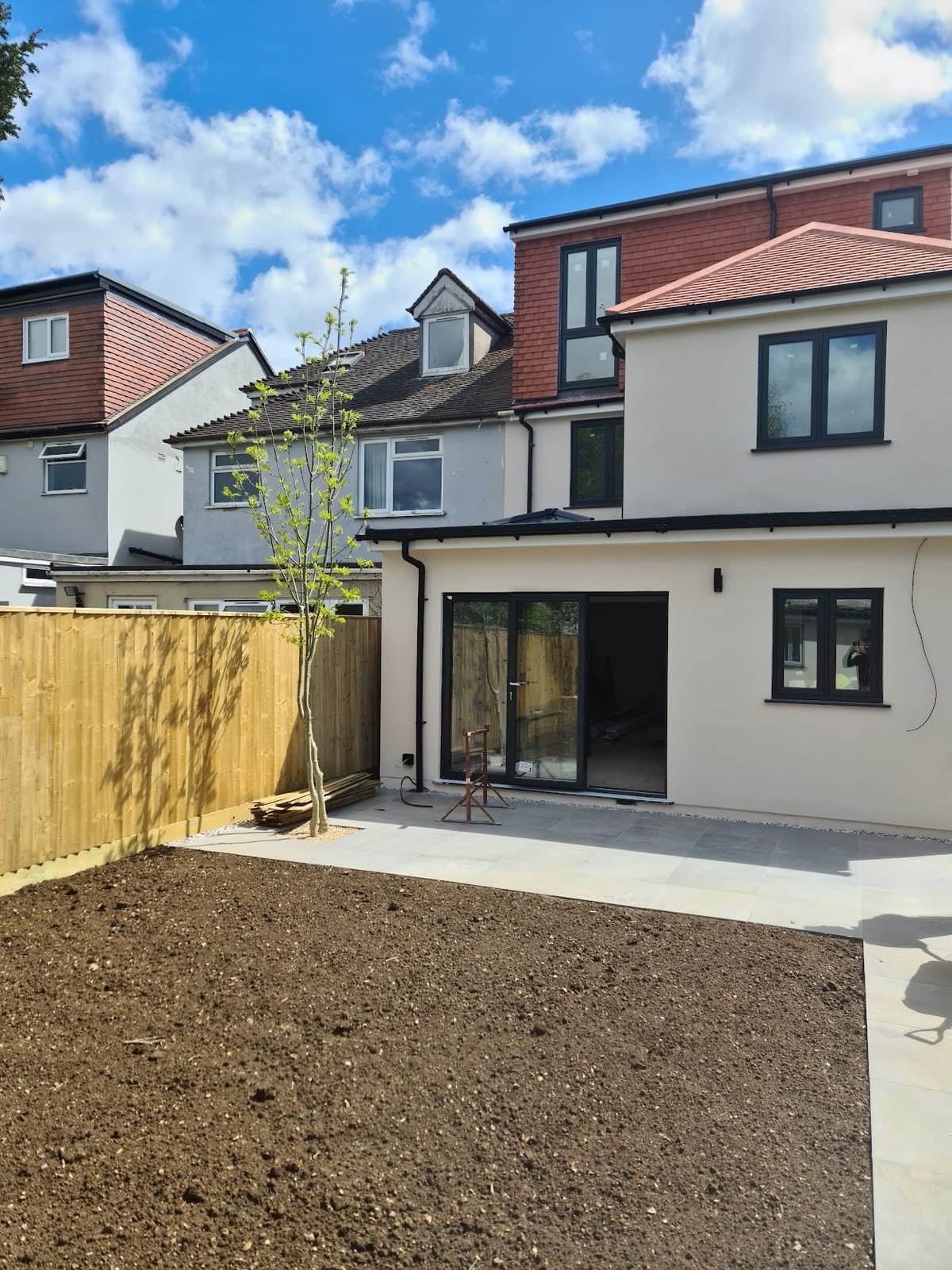 Rear dormer loft conversion and garden extension during construction in Oxford